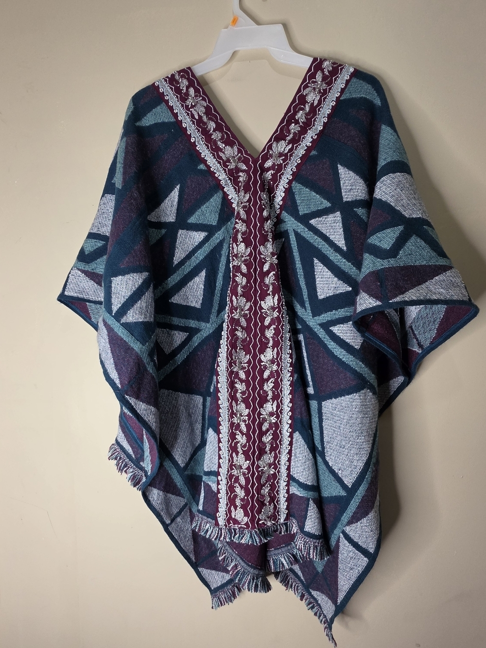 Boho Tribal Poncho Embroidered Fringe One Size Soft Surroundings
